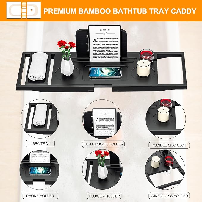 Banlilu Premium Bathtub Caddy Tray - Bath Tray - Bath Tub Tray Table for Bathtub - Bath Caddy Tray for Bathtub, Expandable Size, Fits Most Bath Tubs