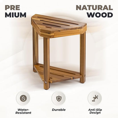 BLUEWEST 16.4" Corner Shower Stool with Storage Shelf, Acacia Wood Shower Foot Rest for Shaving Legs, Small Water-Resistant Bathroom Bench for Inside Shower, Wooden Bath Seat for Small Shower Spaces