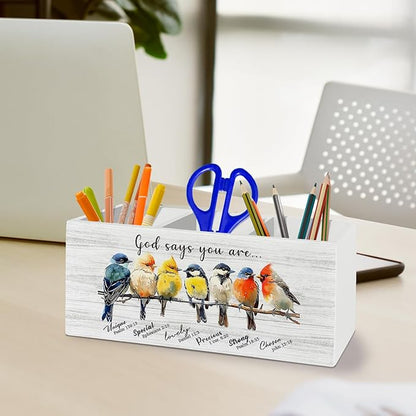 Christian Bird Pen Pencil Holder Organizer for Desk Accessories, God Says You Are Bible Verse Inspirational Wooden Box Sign Desk Decor for Home Office Decoration, Bird Lovers Gifts