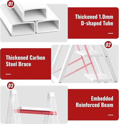 4 Step Ladder, Aluminum Folding Step Stool with Anti-Slip Sturdy and Wide Pedal, Lightweight Portable Stepladder for Home and Kitchen Use, Cream White, 330 lbs