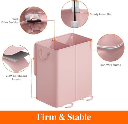 Lifewit Double Laundry Hamper with Lid and Removable Laundry Bags, Large Collapsible 2 Dividers Dirty Clothes Basket with Handles for Bedroom, Laundry Room, Closet, Bathroom, College, 155L Pink