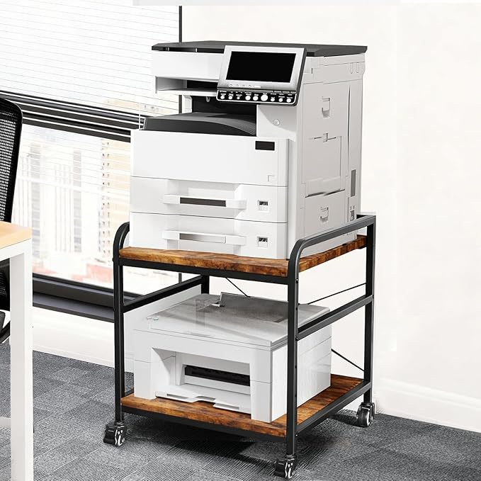 TFK 2 Tier Large Printer Stand with Storage, 20 x 20 Inch Under Desk Printer Table with Adjustable Shelf, Rolling Printers Cart for Home Office, Fits Fax /3D Printer/Scanner, Brown