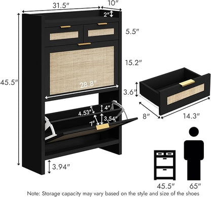 Rattan Shoe Storage Cabinet with 2 Drawers & 2 Flip Drawers – Hidden Slim Shoe Organizer for Entryway, Large Tabletop Space, Farmhouse Boho Narrow Shoe Rack, Rustic Black
