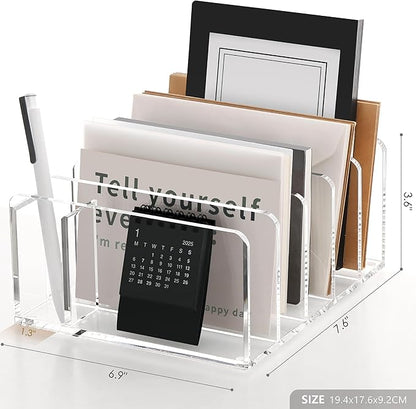 SANRUI Acrylic Mail Sorter Desktop Organizer with Pen Holder, 5 Compartments Clear Small File Script Letter Document Storage for Desk Bill Filling Envelope Holder Office, Home, School Organization