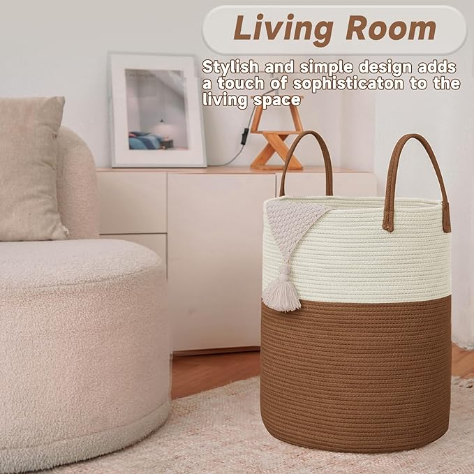 JMvicyroam Large Woven Laundry Basket Hamper,60L Cotton Rope Storage Bin for Blankets,Toys and Clothes,Decorative Tall Nursery Hamper for Living Room,Baby Nursery,Bathroom and Bedroom,White and Brown