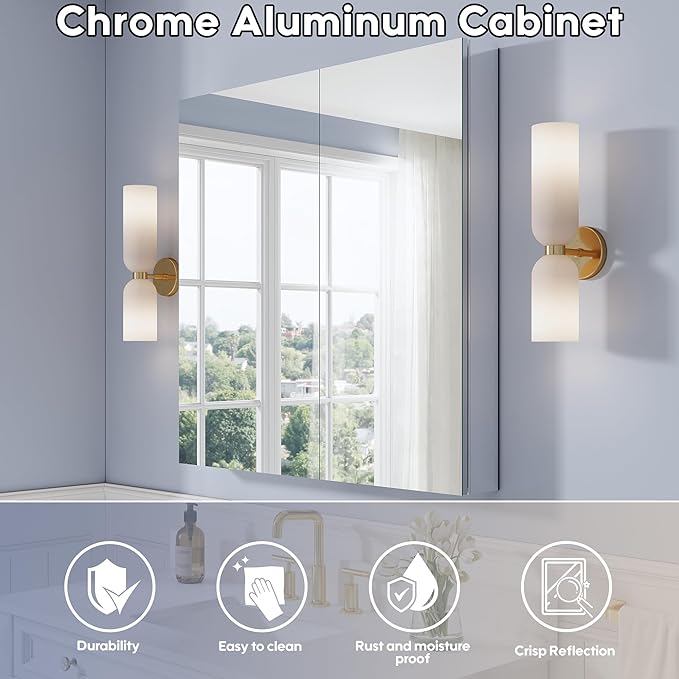 WELLFOR 36" x 36" Bathroom Medicine Cabinet with Mirror, Anodized Chrome Aluminum Frame, Surface Mount or Recessed Medicine Cabinet with Mirror, Bathroom Mirror with Storage, Double Doors