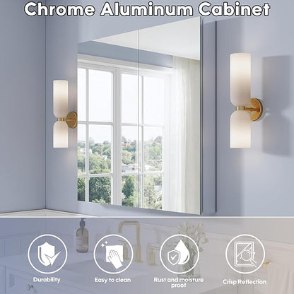 WELLFOR 36" x 36" Bathroom Medicine Cabinet with Mirror, Anodized Chrome Aluminum Frame, Surface Mount or Recessed Medicine Cabinet with Mirror, Bathroom Mirror with Storage, Double Doors