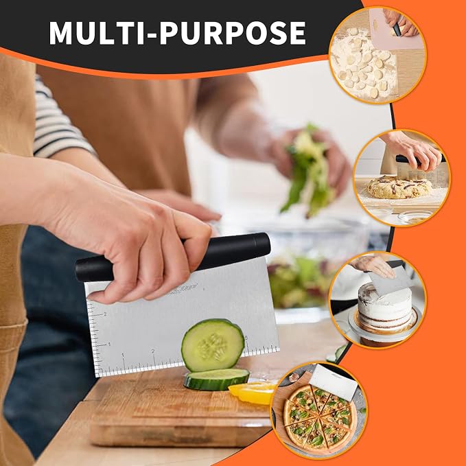 ALLTOP Bench Scraper & Chopper - Baking Essentials,Stainless Steel Blade Knife,Ideal Kitchen Tool for Home Baking and Meal Prep, Bread Making, Pasta,Pastry,Dough and Cake - Set of 2 Pack