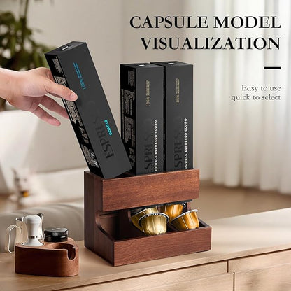 Wood Pod Dispenser Designed for Nespresso Vertuo Capsules, Freestanding Countertop Pods Rack, Coffee Pods Holder for Home or Office Kitchen Counter, Dispenses 3 Coffee Flavors (Brown)