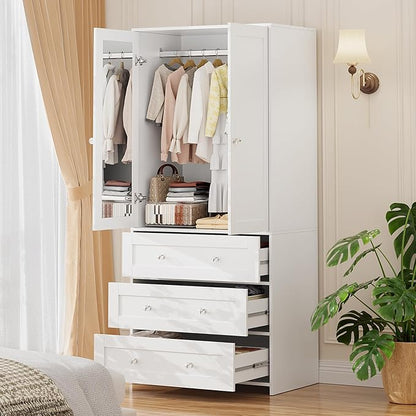 VOWNER Armoire Wardrobe Closet with Drawers and Mirror, 71" Clothing Storage Cabinet with Hanging Rod, 2 Doors Wooden Wardrobe Cabinet for Bedroom, Large Capacity Storage