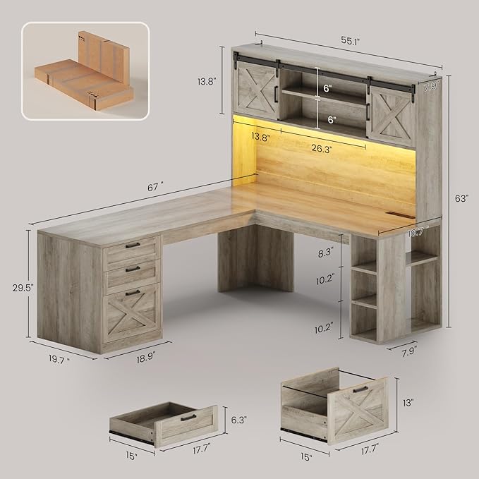 SEDETA 67" Farmhouse L Shaped Desk with Hutch, Home Office Desks with Drawers & Sliding Doors, Corner Computer Desk with Storage Shelves & Power Outlets, Executive Desk with LED Lights, Grey