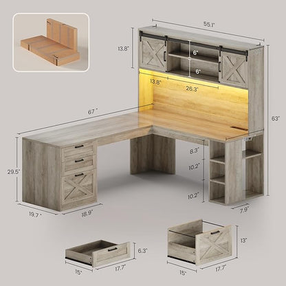 SEDETA 67" Farmhouse L Shaped Desk with Hutch, Home Office Desks with Drawers & Sliding Doors, Corner Computer Desk with Storage Shelves & Power Outlets, Executive Desk with LED Lights, Grey