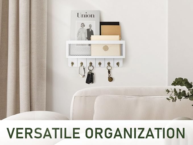 Rebee Vision Farmhouse Key Holder for Wall with Mail Organizer : Decorative Mesh Basket with 6 Sturdy Key Hooks – Wall Mount Home Decor for Office，Entryway, Hallway, Apartment (Rustic White)