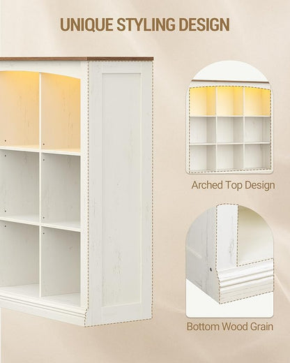 Cube Bookshelf, 9 Cube Storage Organizer, 3 Tier Wood Cubby Bookshelf with Led Lights and Charging, Low Bookcase for Bedroom, Office, Living Room, White BC33314X