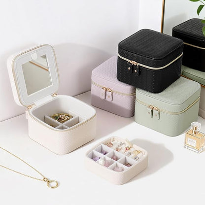 DesignSter Travel Jewelry Case for Woman, Small Travel Jewelry Box with Mirror,4.72×4.72×3.54 inches,Portable Design Travel Jewelry Organizer,Double Headed Zipper