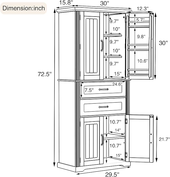 Storage Cabinet,Tall Freestanding Cabinet with Adjustable Shelf | Tall storage cabinet, 4-door design, 5+ shelves, upper door shelves, and 2 pull-out compartments for organized storage