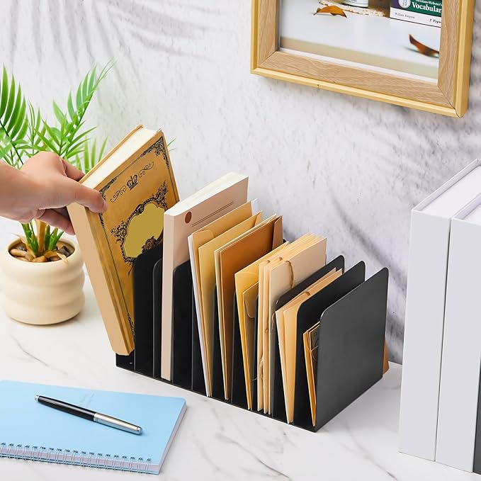 Suzile 2 Pcs Vertical Metal Desk File Organizer, 10 Compartments Desktop Document Sorter & Mail Holder for Office Home Classroom, 10.63" L X 5.79" W X 5.41" H, Black