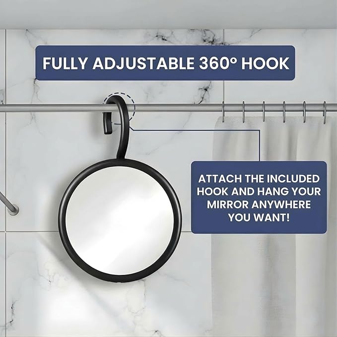 MIRRORVANA Hangable Round Fogless Shower Shaving Mirror with 360° Swivel Rotatable Hook for Hanging and Bonus Anti-Fog Spray - Anti Fog and Shatterproof Surface, 6.7" Diameter (Black)