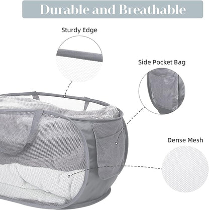 Durable Collapsible Laundry Baskets, Mesh Pop Up Laundry Hamper with Side Pocket, Foldable Clothes Hamper with Reinforced Carry Handles for Laundry, Bathroom, Kids Room, Dorm or Travel 2 Pack Grey