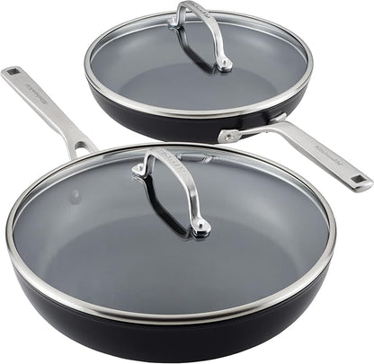 KitchenAid Hard Anodized Induction Nonstick Frying Pan Set With Tempered Lids, 4-Piece - 10 & 12 Inch – Durable, Even Heating, Oven Safe to 500°F, Dishwasher Safe, Easy-Clean