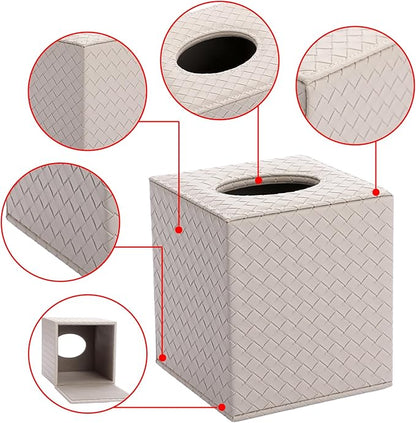 Sumnacon Square Tissue Box Cover, Stylish PU Woven Lozenge Pattern Tissue Box Holder with Magnetic Bottom, Classic Style, Beige