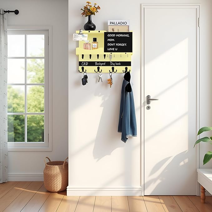 Key Holder for Wall Mount with Shelf and Mail Organizer, Key and Mail Holder with 16 Hooks, Farmhouse Entryway Organizer, Home Decor Rack(Pine Wood,Ivory Yellow)