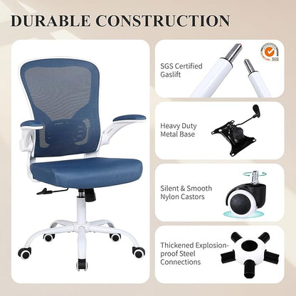 Flysky Ergonomic Office Chair, Mesh Home Office Desk Chair with Flip-up Arms and Lumbar Support, Height Adjustable, Swivel, White & Blue