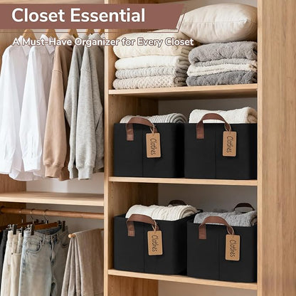 CHICVITA 4 Pack Storage Baskets for Shelves, Collapsible Fabric Closet Storage Bins with Metal Frame, Towel Organizer for Bathroom Living Room, 14.8" x 10.3" x 8.3", Black