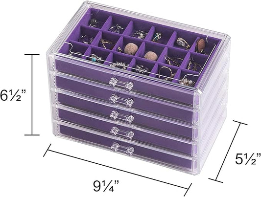 Frebeauty Acrylic Jewelry Organizer Earring Organizer Box with 5 Drawers Earring Holder Organizer with Velvet Trays Clear Jewelry Box for Women Earring Display for Rings Studs(Purple)