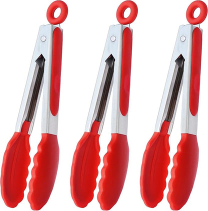 HINMAY 7-Inch Mini Silicone Tongs Small Serving Tongs for Appetizers, Set of 3 (Red)
