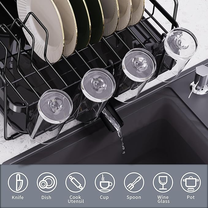 Runnatal Dish Drying Rack Extendable, Large Dish Rack with Drainboard, Utensil Holder, Cup Holder, Expandable Dish Drainer for Kitchen Counter, 20.5"-27.6" L x 12.6" W