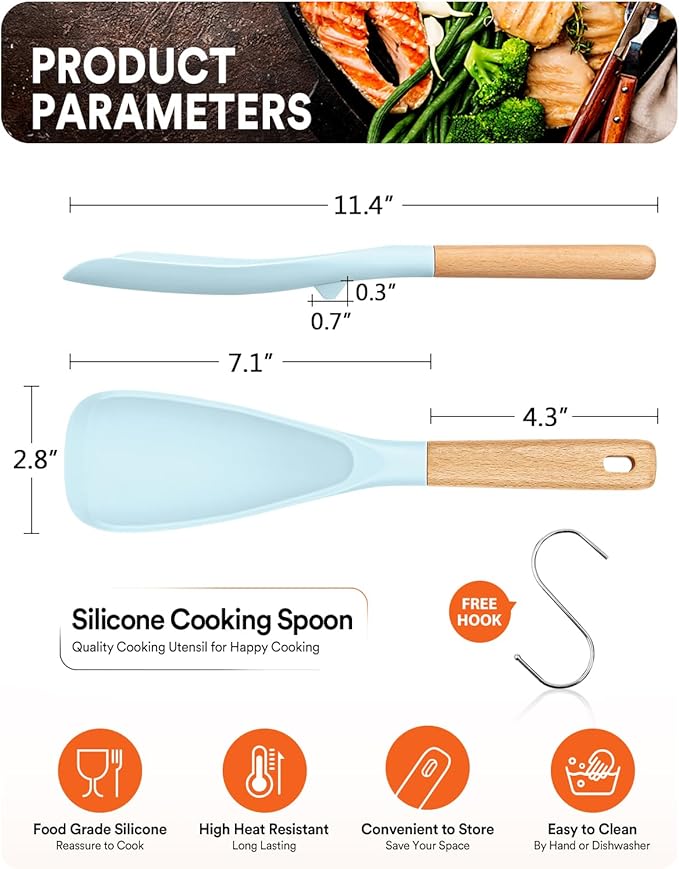 Cooking Spoon for Nonstick Cookwares, Great for Cooking and Serving Sturdy BPA-Free Matte Silicone, Wood Handle Spoon for Mixing, Scoop, and Scrape (BLUE, 11.4 inch)
