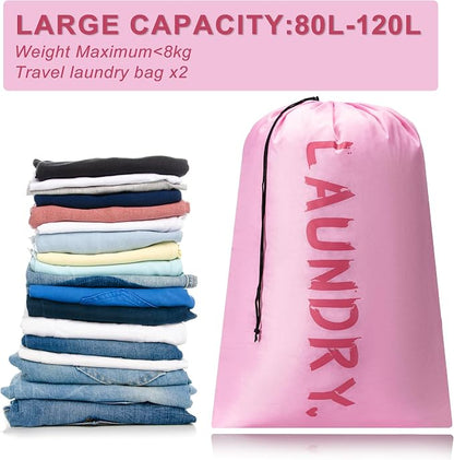 2 Pack XL Travel Laundry Bag, Machine Washable Dirty Clothes Organizer with Drawstring,Large Enough to Hold 4 Loads of Laundry, Easy Fit a Laundry Hamper or Basket Travel Essentials 24" x 36"