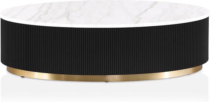 Furniture of America Beryl Modern Oval White Genuine Marble Top Coffee Table with Fluted Pedestal Base and Gold Stainless Steel Accent, Low Profile Table for Living Room, Home Office, Black