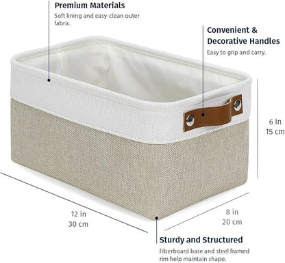 OrganiHaus Small Fabric Storage Baskets for Shelves 6 Pack, 12x8in Closet Storage Bins for Shelves, Cloth Storage Bins, Linen Closet Organizers, Fabric Basket, Shelf Baskets for Organizing Beige/White