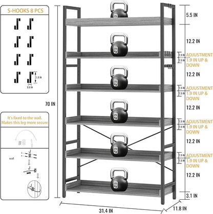 HCHQHS Bookshelf, Adjustable Industrial Bookcase, Vertical Tall Book Shelf, Wood and Black Metal Open Bookshelves for Home Office, Living Room, Bedroom (Grey, 6-Tier (31" W x 70" H))