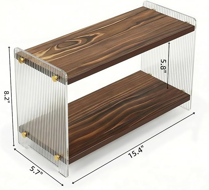 Coffee Station Organizer 2 Tier, Solid Wood Mug Shelffor Coffee Bar,Matcha Station,Tea Storage - Holds Mugs,Beans,Syrup,Cups,Tirrers (Dark Brown Wood Grain, 15.4" L x 5.7" W x 8.2" H)