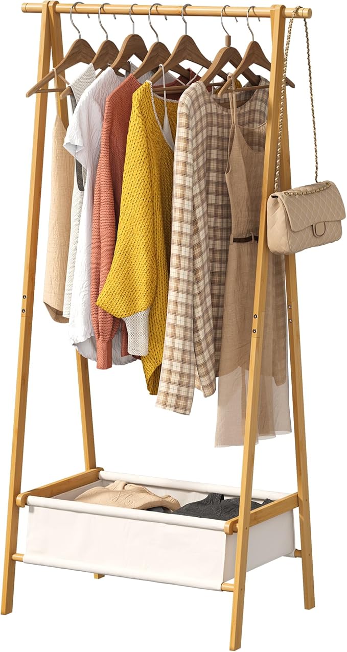 FILWH Bamboo Clothes Rack with Storage Box Foldable Garment Holder Coat Rack Freestanding Coat Stand Child Clothing Stand for Hanging Coat Dress up Racks (Natural, Large)