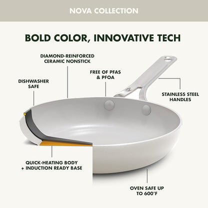 GreenPan Nova 12” Nonstick Frying Pan Skillet, PFAS-Free Ceramic Cookware, Durable Fast Heating, Induction Ready, Omelet & Eggs, Oven Safe to 600F, Dishwasher Safe, Cream White