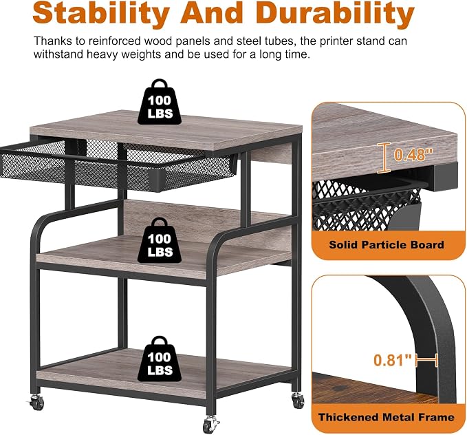 EasyCom 23.6''x18.9'' Extra Large Printer Stand with Drawer, 5-Adjustable Heights 3 Tier Table with Wheels, Rolling Printer Cart with Storage for Printer Scanner Fax Home Office Use