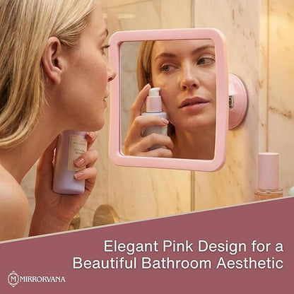 MIRRORVANA Fogless Shower Mirror for Skincare and Grooming, Anti Fog Shatterproof Design with Strong Suction and 360° Swivel, Women’s Beauty Routine Friendly Bathroom Mirror - 6.3" x 6.3" (Pink)