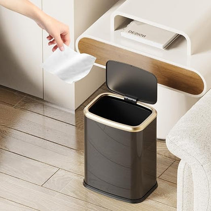 2.1 Gallon Bathroom Trash Can with Lid Press Top, 8 Liter Stainless Steel Garbage Can with Press Type Lid, Slim Trash Bin Waste Basket for Toilet, Office, Bedroom (Titanium Black)