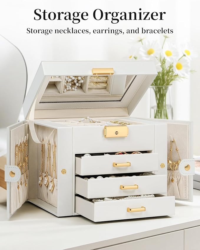 TORIBIO Jewelry Box for Women, Leather Jewelry Organizer with Mirror & Lock, 4-Tier Jewelry Storage Organizer with 3 Drawers for Girls/Women/Mothers, Necklace Earring Bracelets Holder Organizer