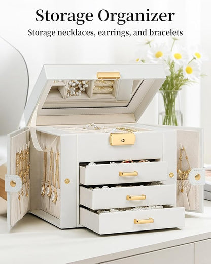 TORIBIO Jewelry Box for Women, Leather Jewelry Organizer with Mirror & Lock, 4-Tier Jewelry Storage Organizer with 3 Drawers for Girls/Women/Mothers, Necklace Earring Bracelets Holder Organizer