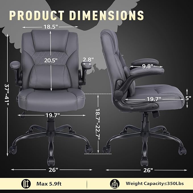 Home Leather Office Chair with Lumbar Support, 5" Padded Seat, Small Rocking Desk Chair, Comfy Computer Chairs with Rolling Wheels & Adjustable Arms for Adults, Grey