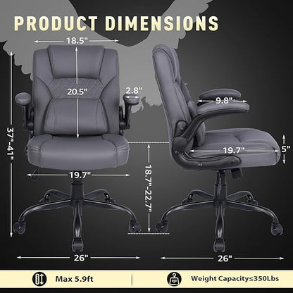 Home Leather Office Chair with Lumbar Support, 5" Padded Seat, Small Rocking Desk Chair, Comfy Computer Chairs with Rolling Wheels & Adjustable Arms for Adults, Grey