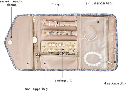 BAGSMART Travel Jewellery Organiser Roll Foldable Jewelry Case for Journey-Rings, Necklaces, Bracelets, Earrings, White Leaf