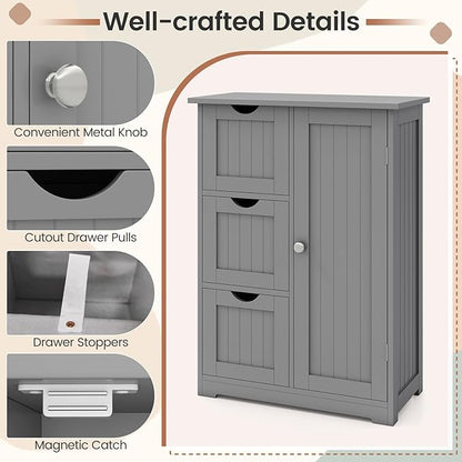 Tangkula Bathroom Floor Cabinet, Freestanding Storage Cabinet with 3 Drawers & Single Door, Adjustable Shelf, Multipurpose Bathroom Storage for Home Office, 23.5 x 12 x 32 Inches (3 Drawers, Grey)