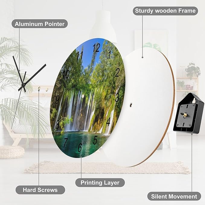 Scenic Nature Wall Clock Silent Non Ticking Battery Operated, Natural Falls Landscape Forest Tree Waterfall Scenery Clock Decorative for Bathroom Kitchen Bedroom Living Room(12 Inch)
