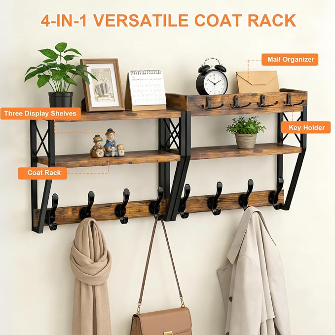 Upgraded 3-Tier Large Coat Rack Wall Mount with Shelf, 4 in 1 Versatile Coat and Key Hanger Wall Mount, 32-inch Entryway Wall Shelf with 12 Hooks and Mail Holder for Living Room Bedroom Bathroom